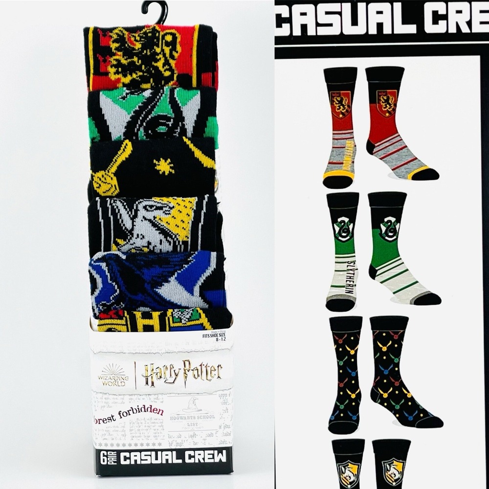 NEW Harry Potter Men's House Crest Crew Socks 6 Pack Shoe Size 8-12 Multicolored